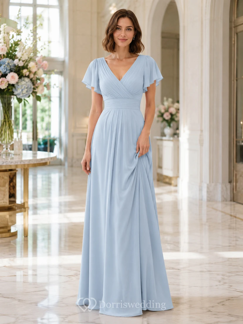 Vestido de dama de honor de gasa azul cielo etéreo, corte A, largo hasta el suelo, escote en V y mangas con volantes.