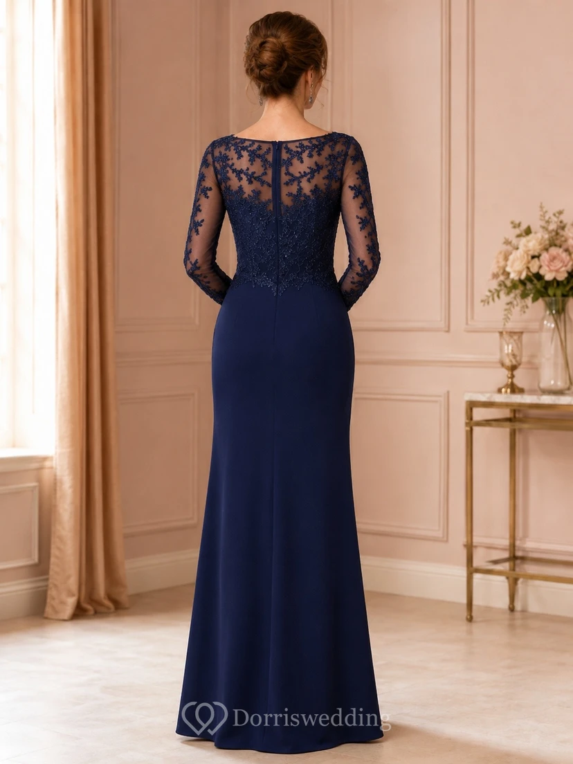 Dark Navy Lace Illusion Long Sleeve A-Line Evening Gown Dress view 2
