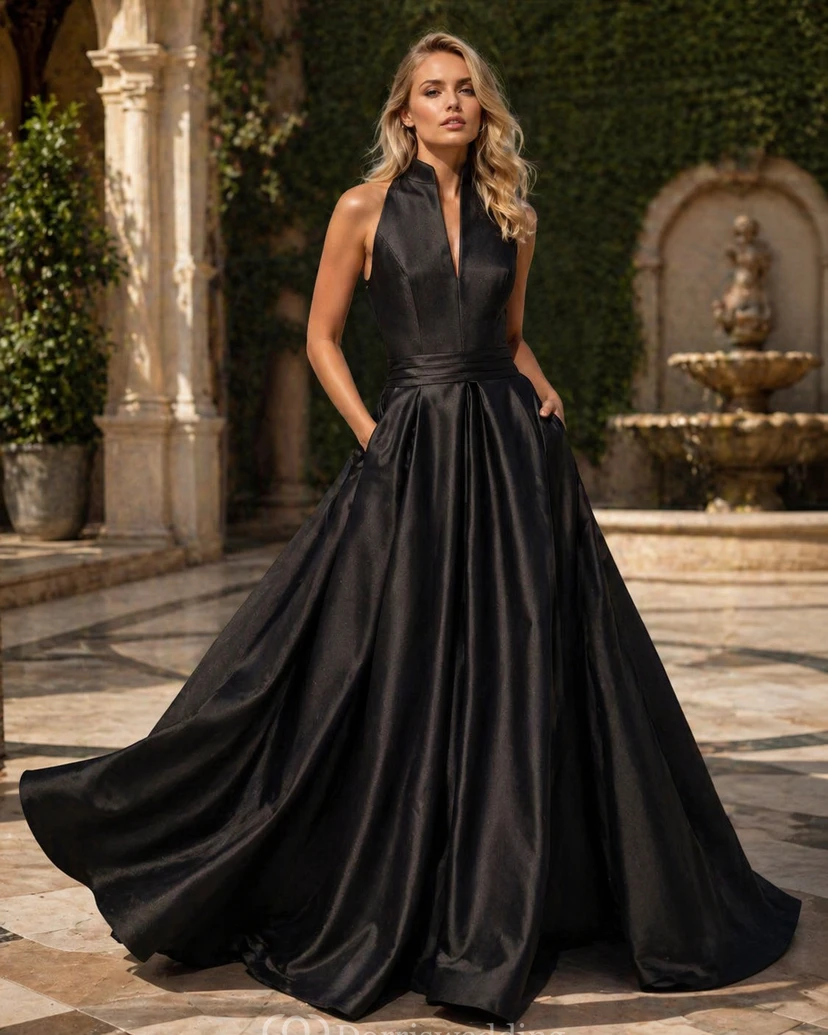 Vestido de gala formal sencillo sin mangas de satén con cola y fruncido. video preview