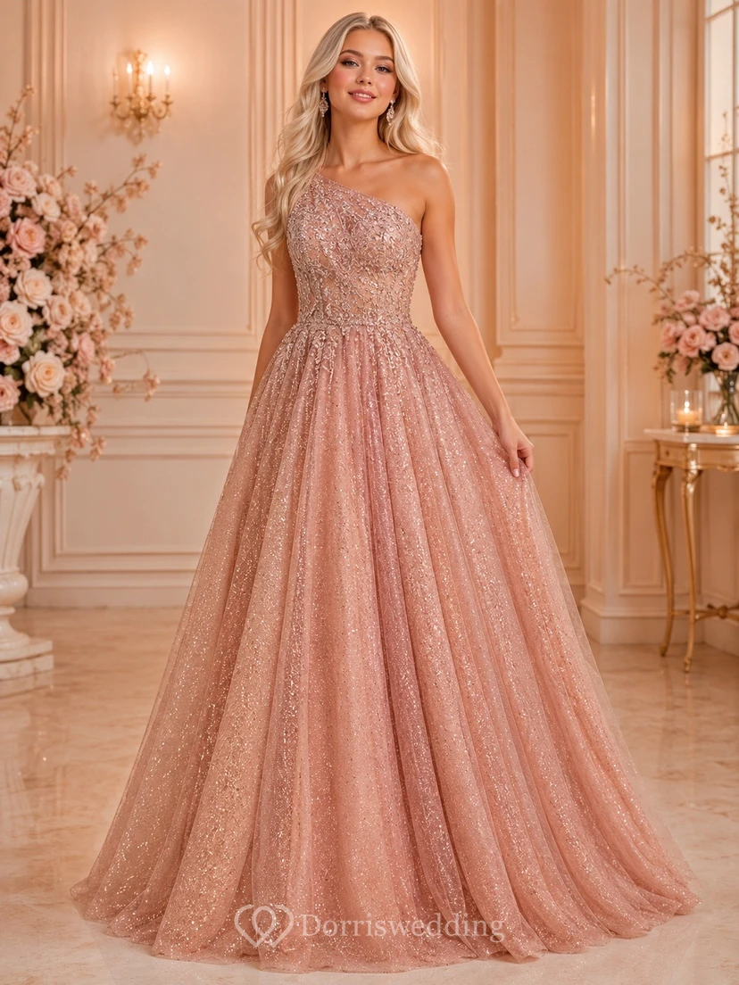 Rose Gold One-Shoulder Tulle Ball Gown Sparkling Formal Dress