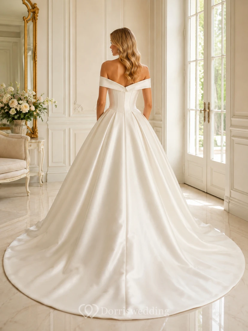 Robe de mariée minimaliste en satin, robe de bal à épaules dénudées et traîne. view 2