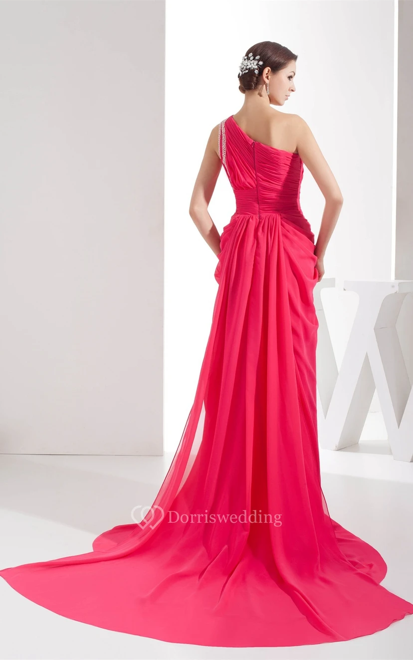 One-Shoulder Jeweled Chiffon Sweep Train and Dress With Central Ruching view 7