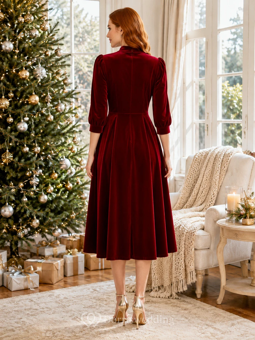 Red Velvet Jewel Neck Long Sleeve Family Photo Midi Dress view 2