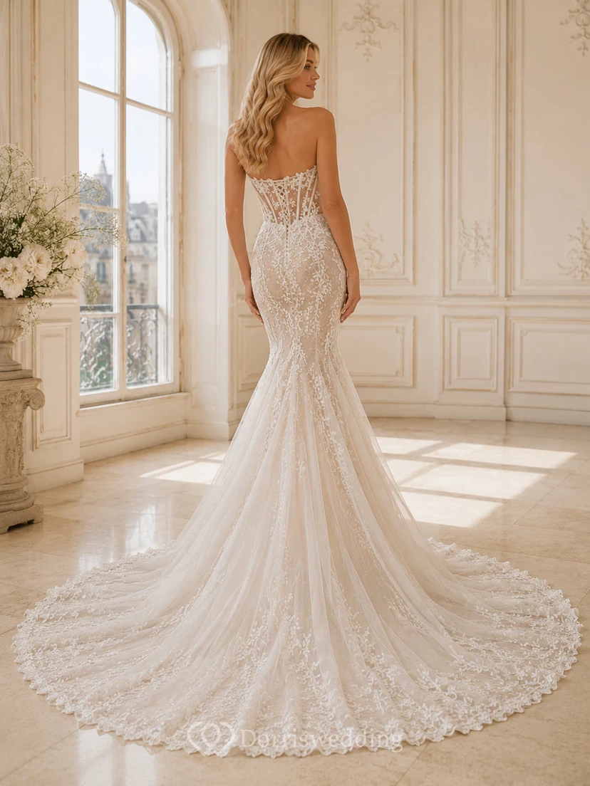 Trägerloses Brautkleid im Meerjungfrauenstil mit Herzausschnitt, floraler Spitze und luxuriöser Kapellenschleppe view 2