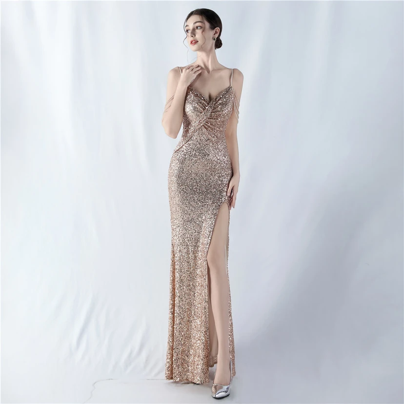 Robe de soirée sexy à bretelles et fente haute, ornée de perles et de perles artisanales. view 39