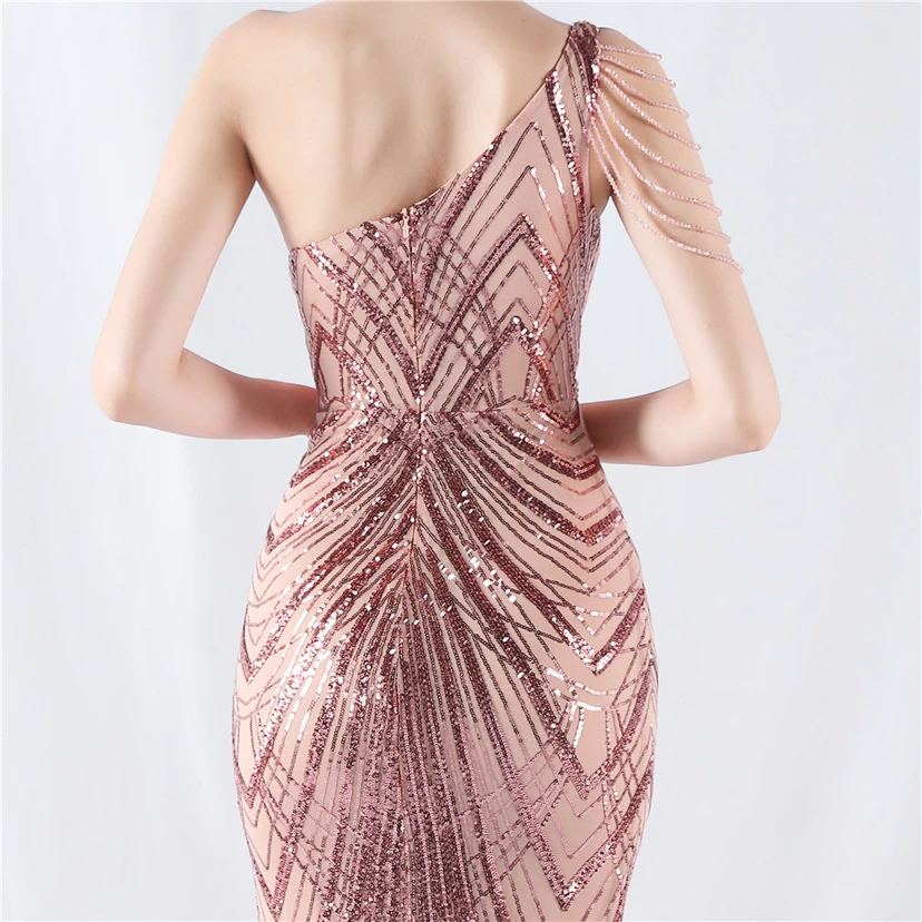 Positioning Flower Beaded Craft Beaded One-Shoulder Oblique Collar High Slit Evening Dress view 17