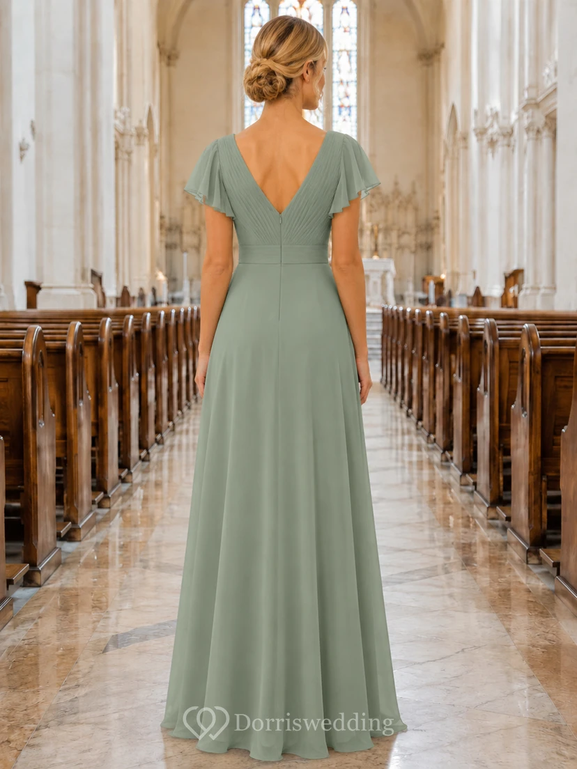 Church Ceremony Formal Sage Simple Elegant A-Line Chiffon Bridesmaid Dress with V-Neck Short Sleeve Floor-Length Low Back view 2