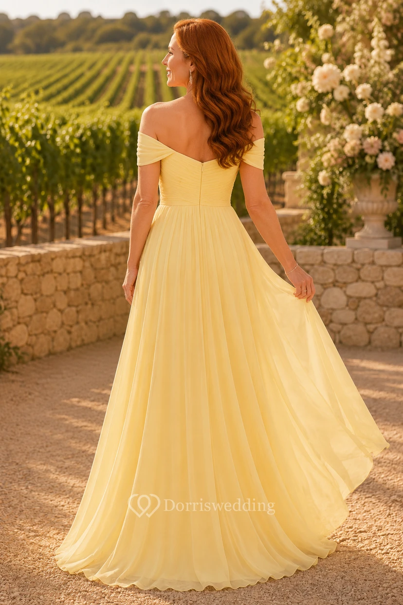Narzissenfarbenes schulterfreies Chiffon-A-Linien-Kleid für Mütter view 2