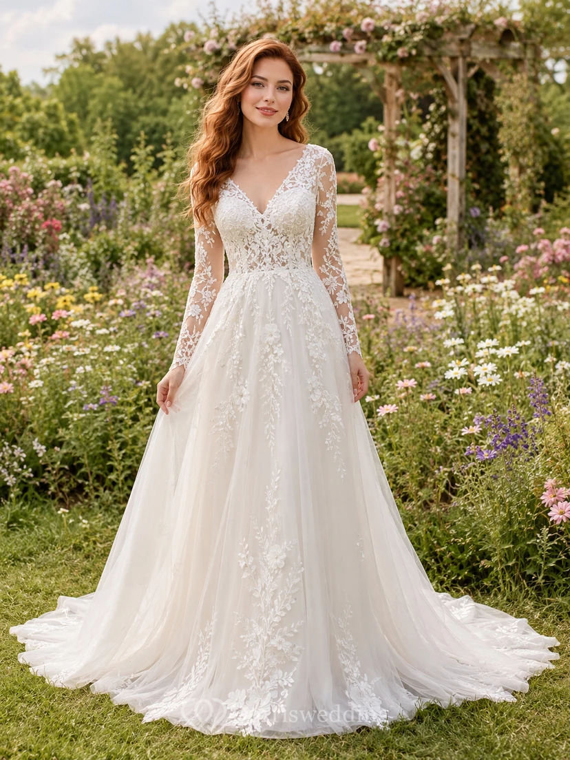 Brautkleid aus Spitze, A-Linie, herzförmiger Schnitt, lange Ärmel, Schleppe, tiefer V-Ausschnitt am Rücken