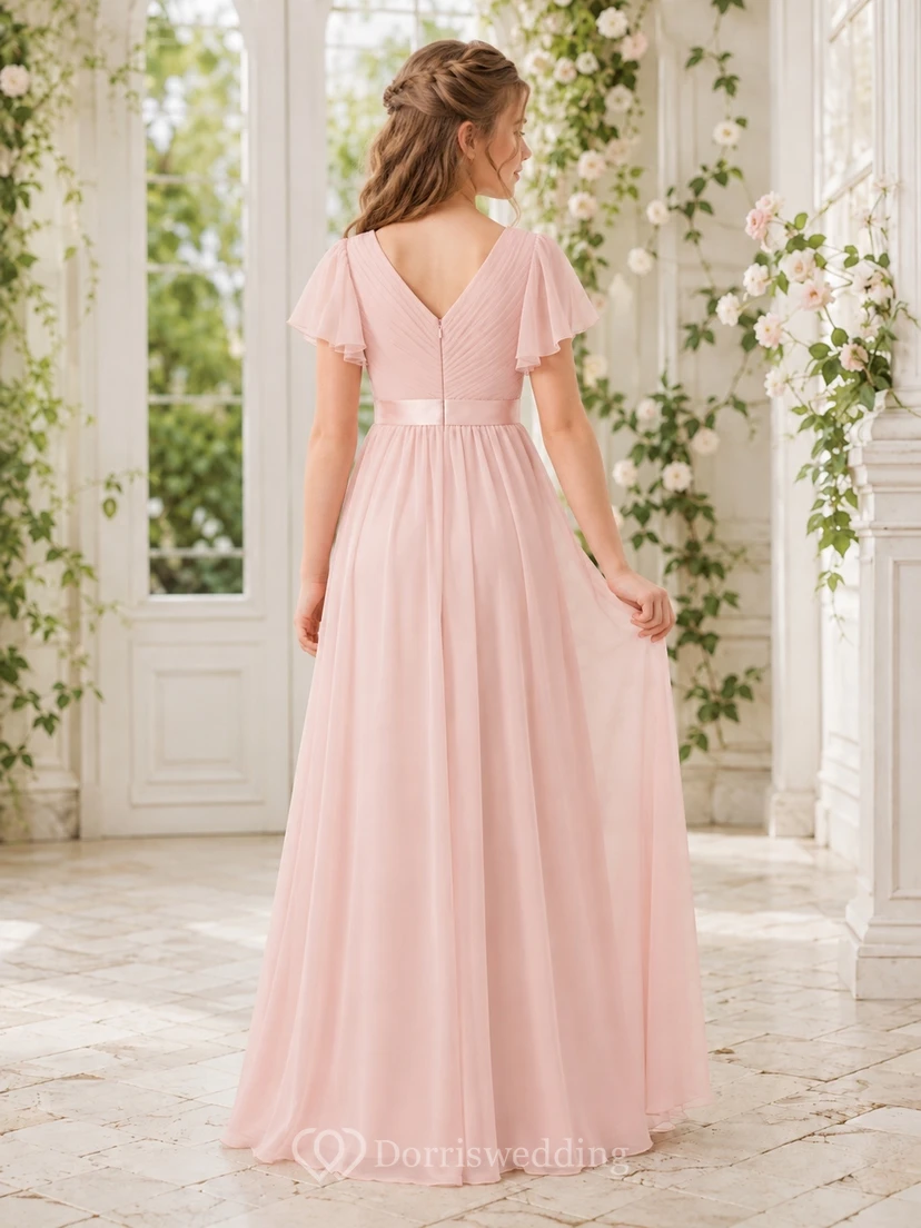 Zartrosa Brautjungfernkleid für junge Damen, A-Linie, V-Ausschnitt, kurze Ärmel, plissiert view 2