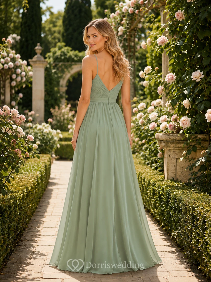 Sage Garden A-Line Chiffon Bridesmaid Dress with Sleeveless V-Neck Straps Bodice, Pleated Floor-Length Skirt and Low V Strappy Back view 2