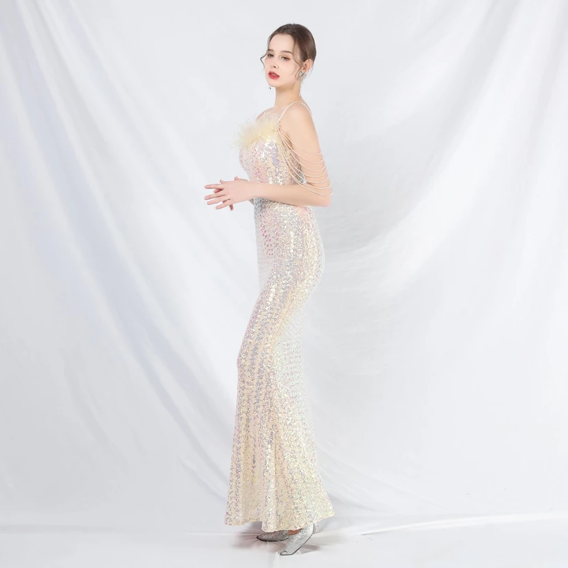 Craft Beaded Ostrich Feather Fantasy Sequined Long Evening Dress view 21
