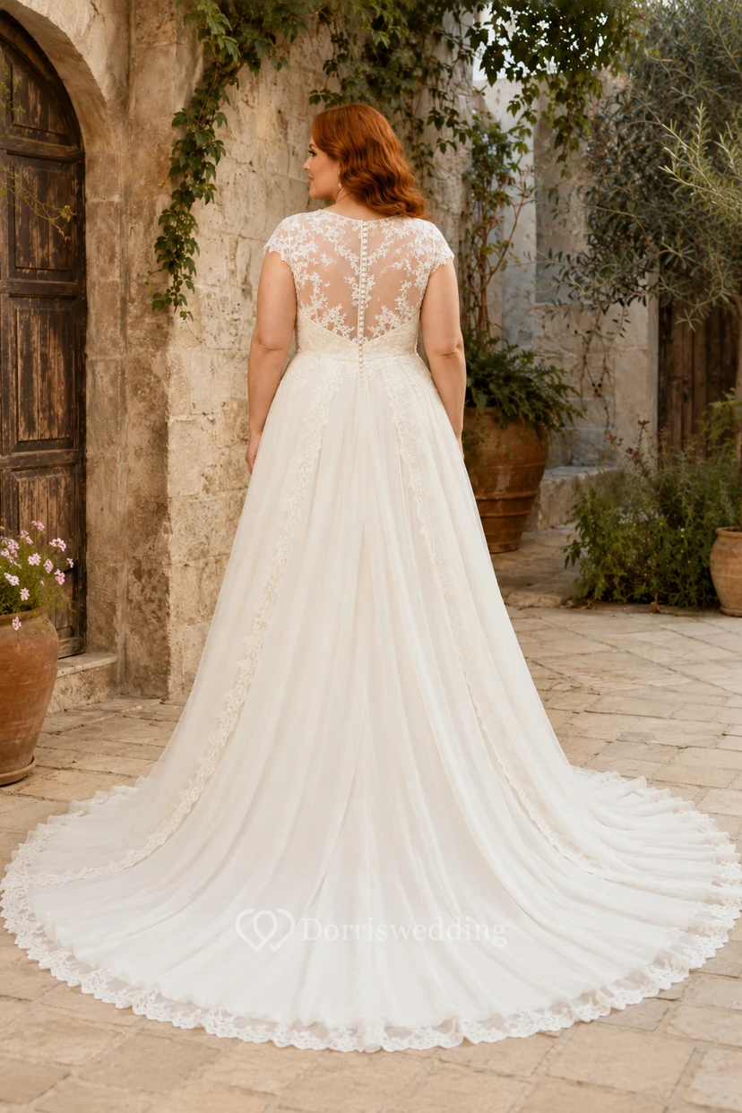 Robe de mariée grande taille à col en V, corsage en dentelle, coupe trapèze et manches courtes view 2