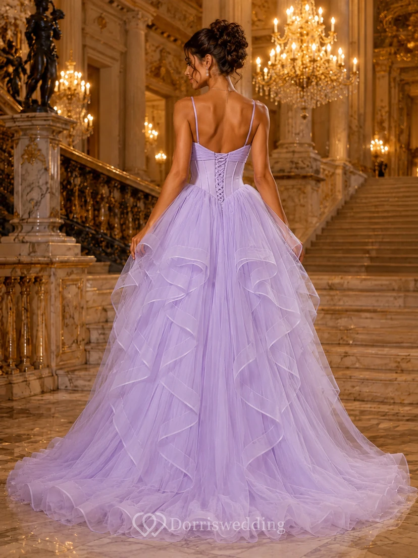 Tüll-Abendkleid in zartem Rosa, Spaghettiträger, bodenlanges Ballkleid mit Herzausschnitt, Stufen und Rüschen view 6