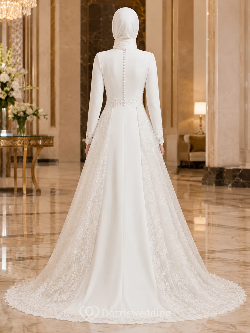 Vestido de novia sencillo musulmán de satén con cuello alto y sobrefalda de encaje desmontable view 2