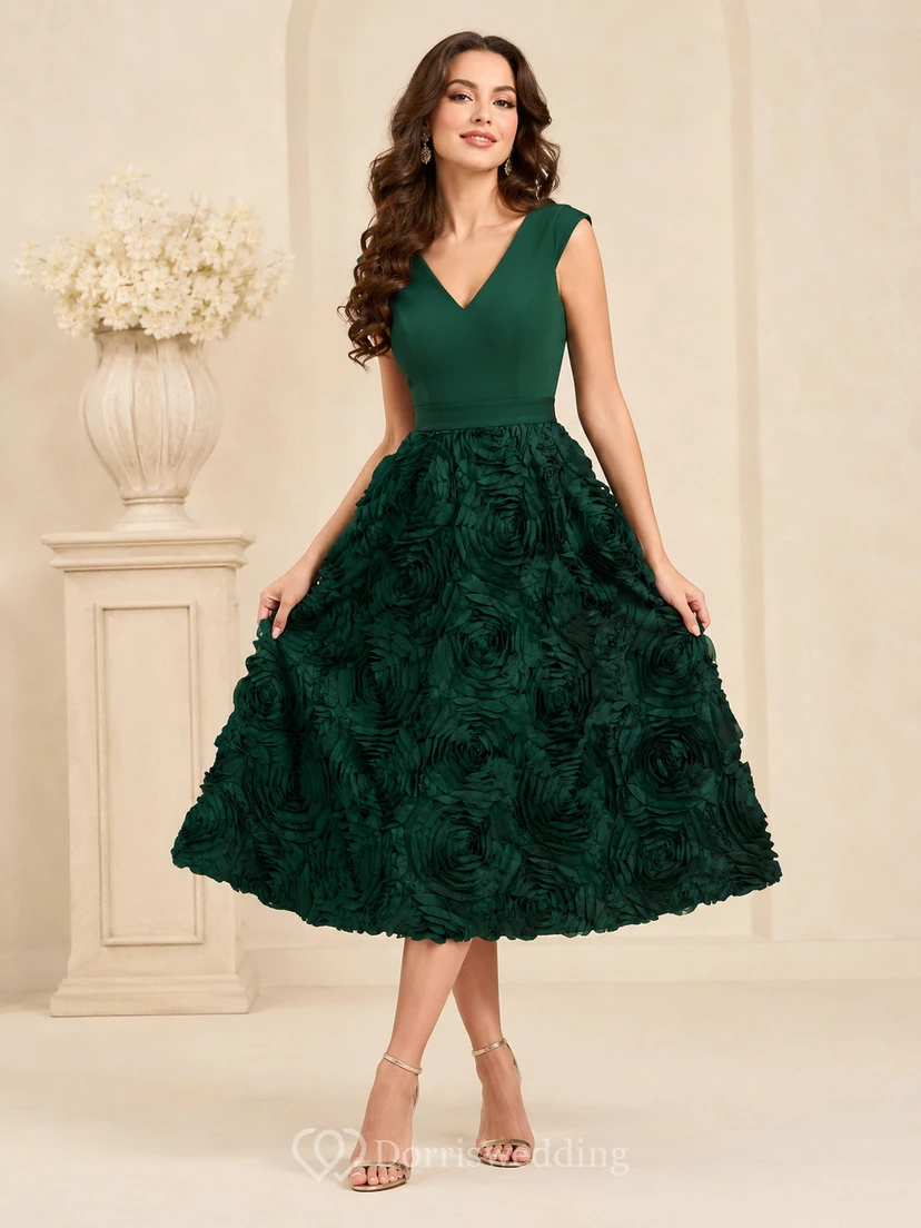 Dark Green Luxury Midi V Neck Straps Rosette Skirt Sweet Sixteen Formal Party Dress