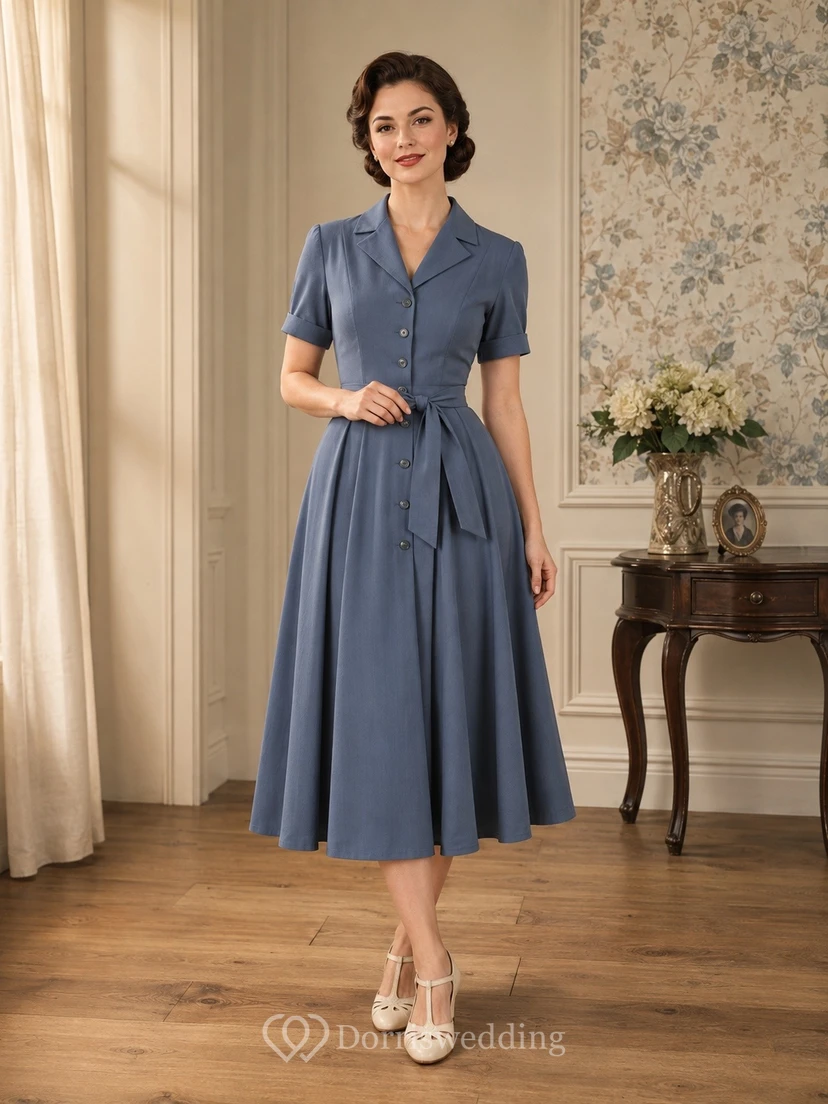 Schieferblaues, dreiviertelärmeliges A-Linien-Kleid mit Kragen