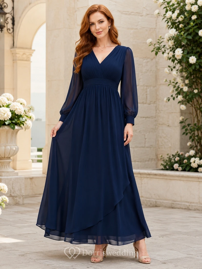Modest Dark Navy Chiffon V-Neck Long Sleeve Elegant Empire A-Line Formal Dress