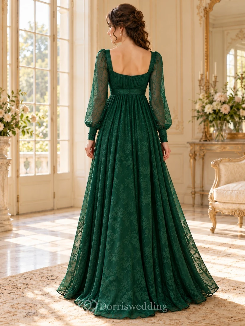 Robe de soirée empire en dentelle vert foncé à manches longues et décolleté cœur, style Régence view 2