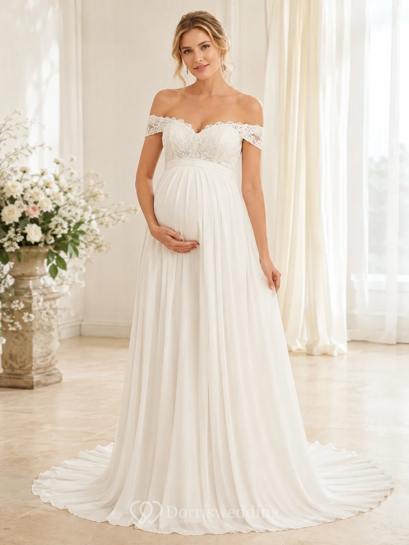 Brautkleid aus Chiffon mit schulterfreiem, kurzem Ärmel, A-Linien-Schnitt, bodenlang und plissiert – auch für Schwangere geeignet