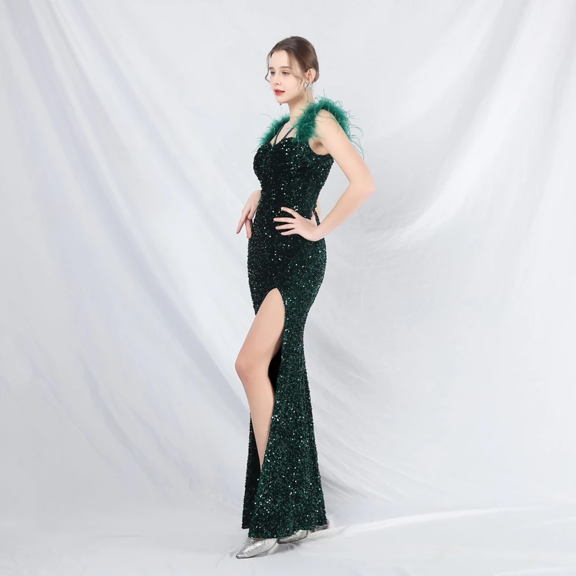 Craft Beaded Ostrich Feather Plush Sequined Long Evening Dress view 48