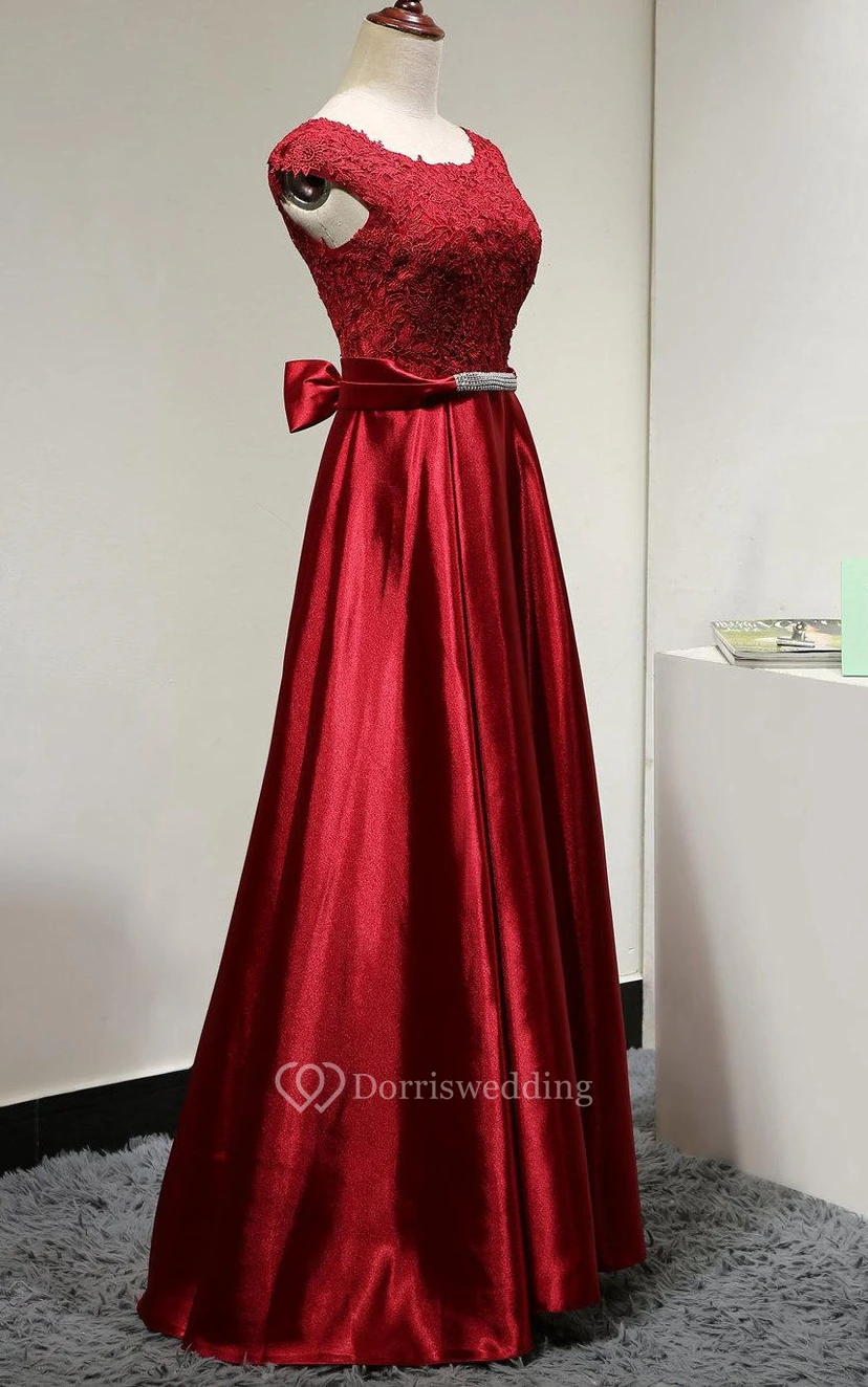 Scoop Neck Cap Sleeve Lace Bodice Satin A-line Long Dress With U Back view 3