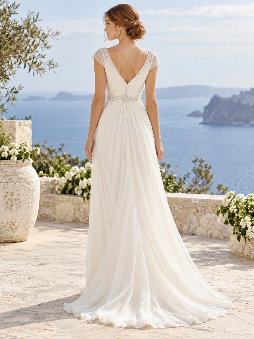V-neck Cap Sleeve Pleated Chiffon A-line Train Wedding Dress view 2