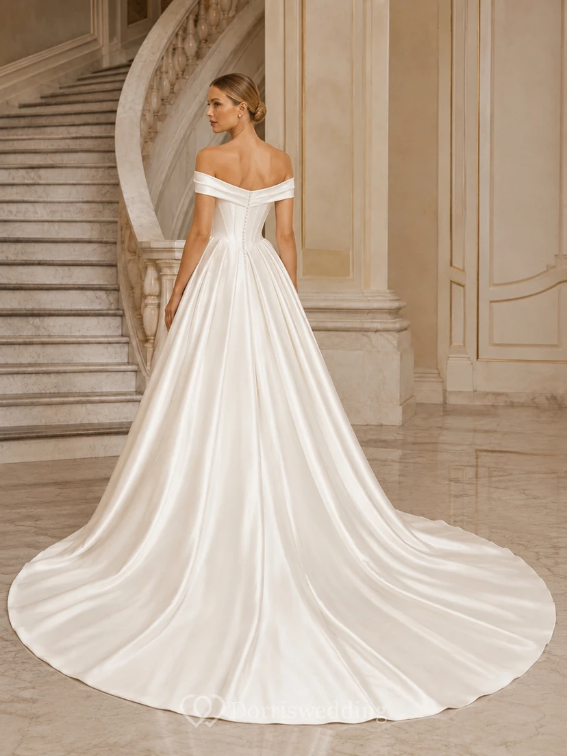 Robe de bal intemporelle en satin, épaules dénudées, manches courtes, traîne chapelle, plissée, style bohème. view 2
