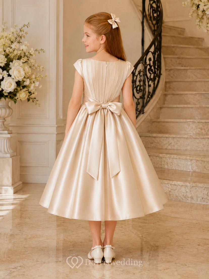 Robe de demoiselle d'honneur champêtre en satin champagne, manches courtes plissées, longueur thé, coupe trapèze, avec nœud. view 2