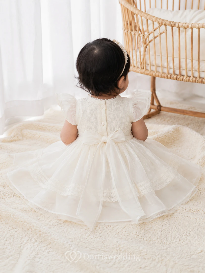 Flutter Sleeve Christening Dress A-Line Organza Tulle Jewel Neck Layered Skirt view 2