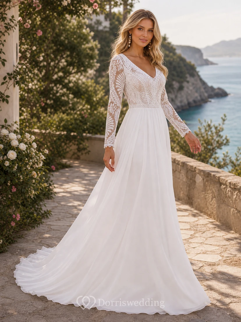 Courtry V-neck Long Sleeve Chiffon Simple Boho Wedding Dress with Lace Top view 5