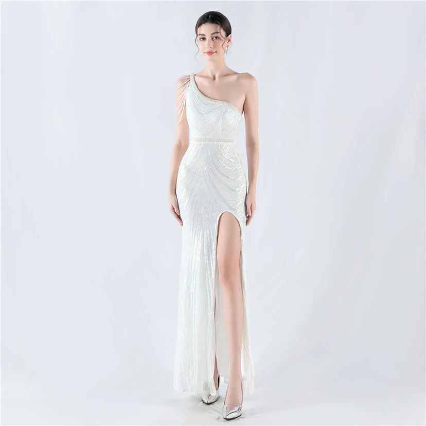 Positioning Flower Beaded Craft Beaded One-Shoulder Oblique Collar High Slit Evening Dress view 71