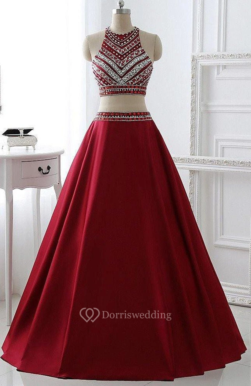 A-Line Two Piece Satin High Neck Sleeveless Zipper Dress