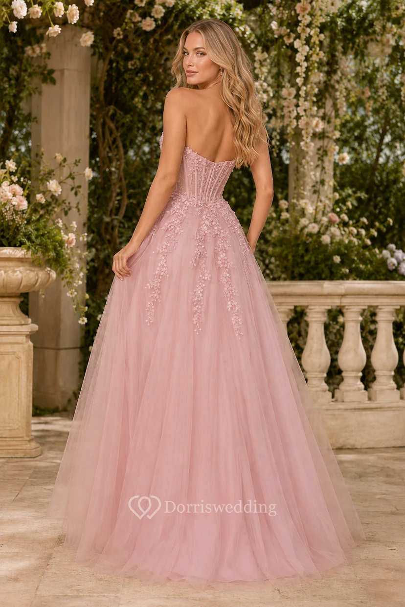 Blushing Pink Tulle A-Line Prom Dress with Lace Applique and Strapless Bodice view 2