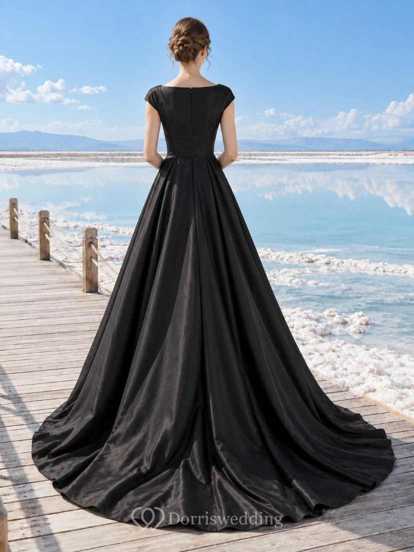 Simple Modest Black Jewel Cap Sleeve Taffeta Wedding Gown view 2