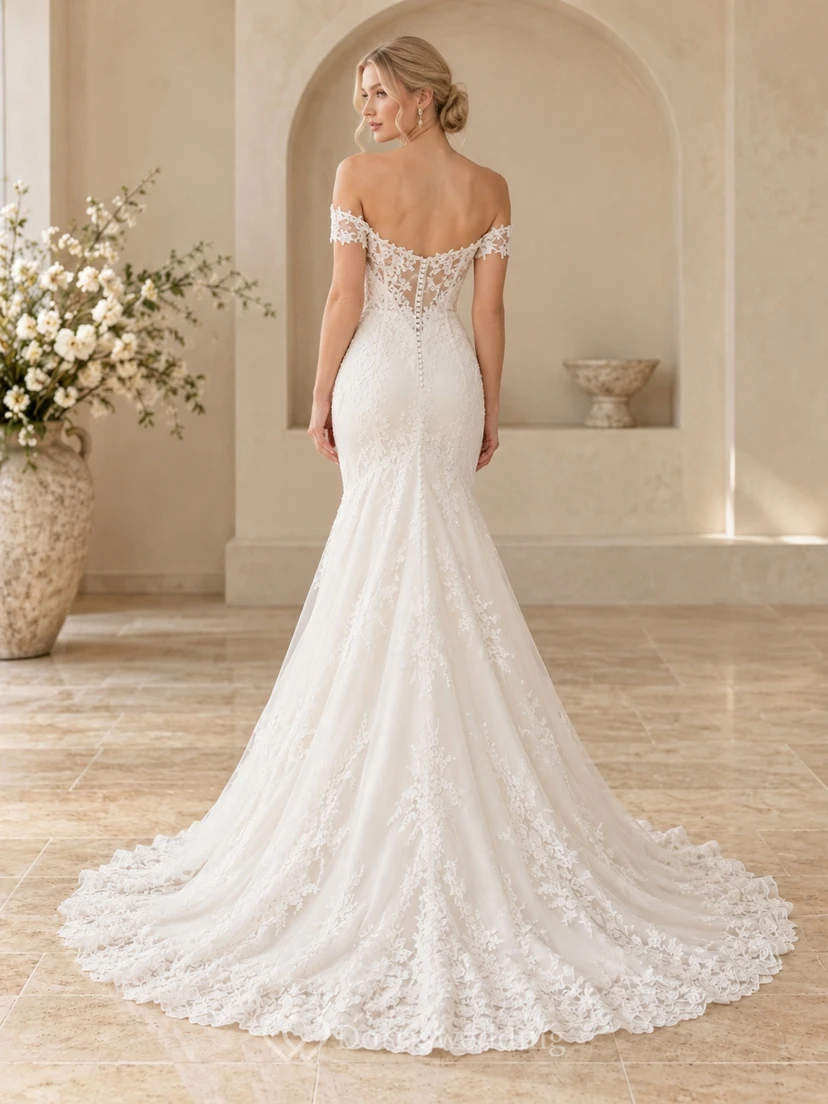 Mermaid Off Shoulder Sweetheart Scalloped Lace Train Bridal Wedding Dress view 2
