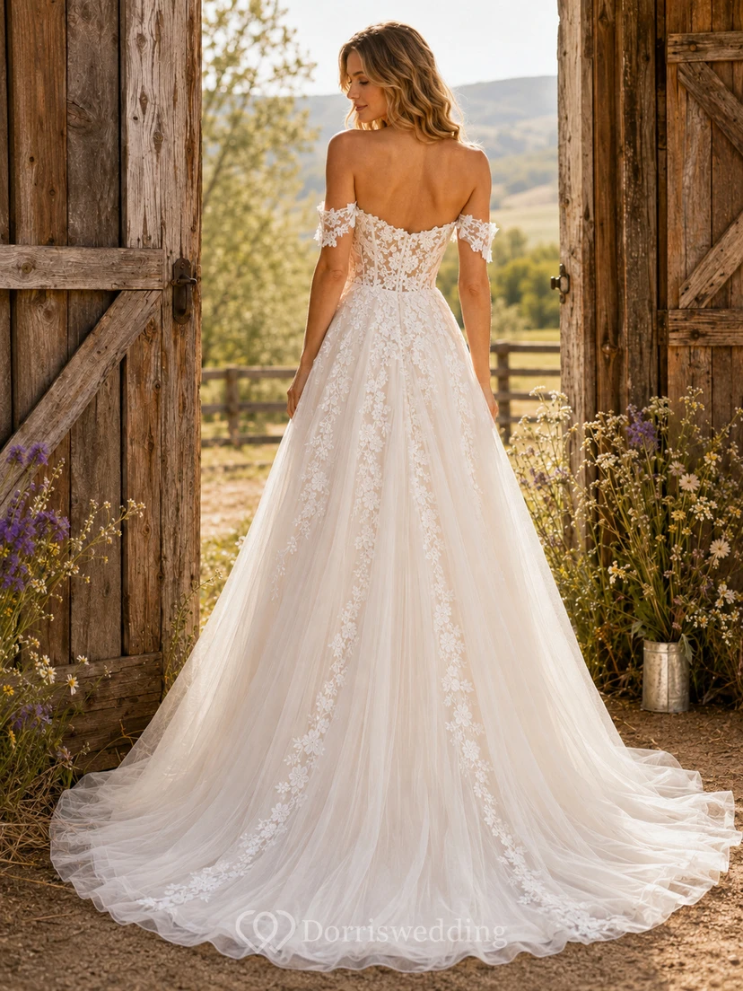 Country Lace Tulle Wedding Dress A-Line Off Shoulder Chapel Train Bridal Gown view 2