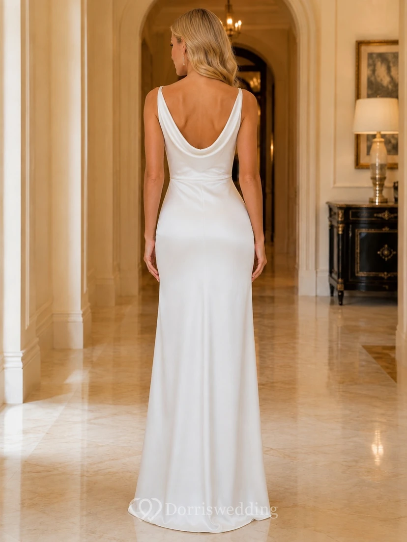 Elegantes, bodenlanges Etuikleid aus Satin mit Wasserfallkragen und Spaghettiträgern, Schlitz für standesamtliche Hochzeiten view 2