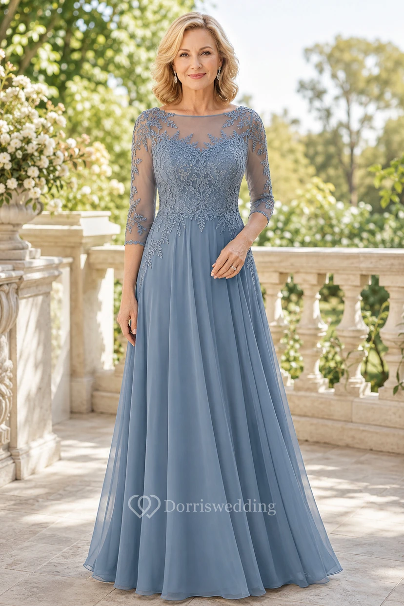 Stahlblaues A-Linien-Kleid mit Illusionsspitze und langen Ärmeln