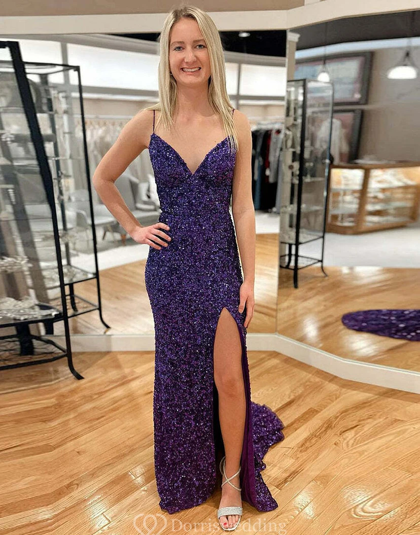 Vibrant Purple Sequin Mermaid Gown with Cowl Neckline view 4
