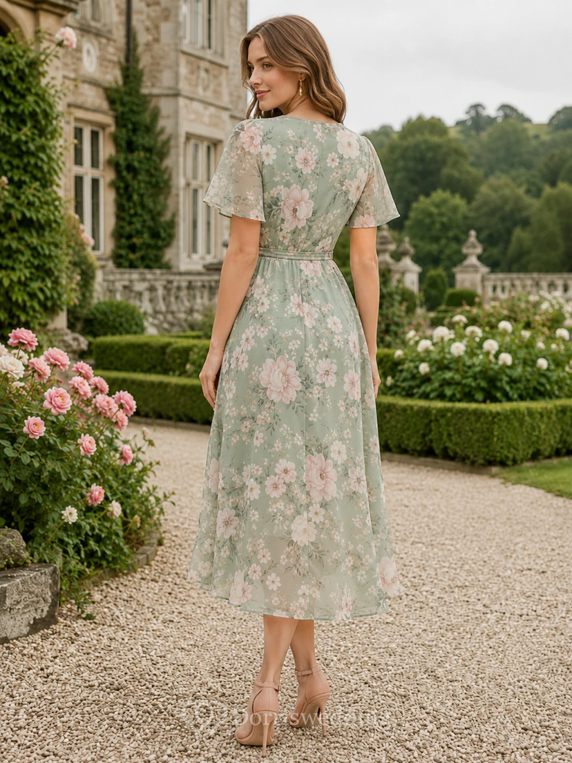 Robe d'invitée de thé en mousseline imprimée florale, col V, manches papillon, coupe trapèze, couleur sauge view 2