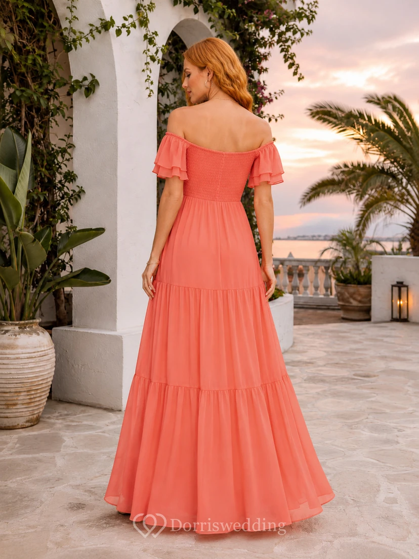 Coral off shoulder tiered chiffon resort evening gown view 2