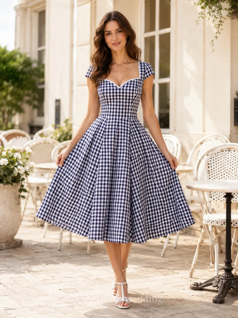 Robe cocktail vintage bleu marine à carreaux vichy, décolleté cœur, manches courtes trapèze, longueur thé