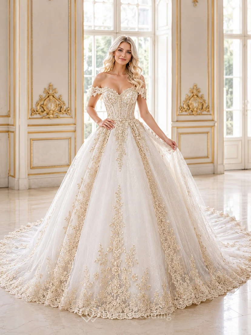 Vergoldetes Ballkleid, Brautkleid, schulterfrei, kurze Ärmel, bodenlang, Kathedralenschleppe, Luxuskleid