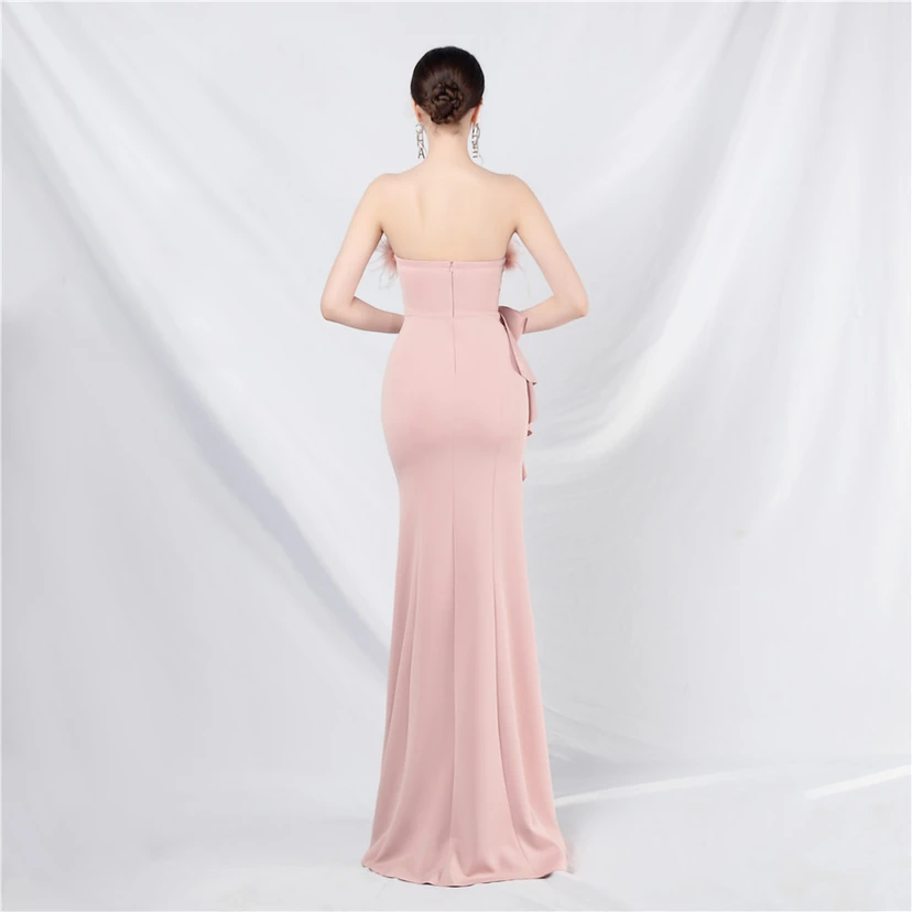 Crafted Custom-Made Ostrich Hair Off-Shoulder Tube Top Dinner Celebration Wedding Dress view 15