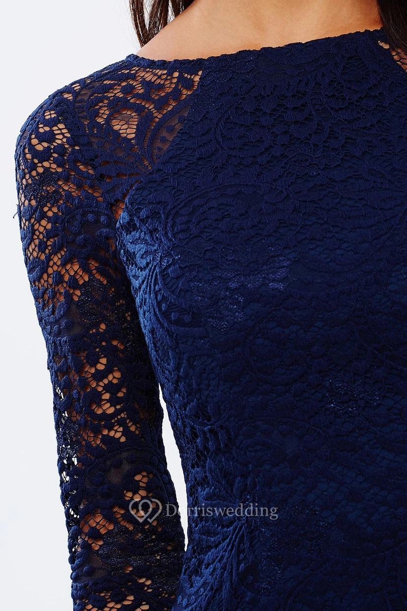Split-Front Jewel Neck Long Sleeve Lace Blue Bridesmaid Dress view 6