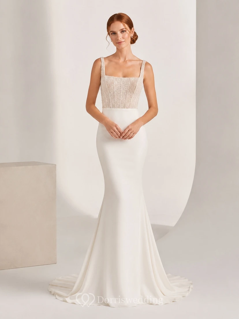 Brautkleid aus Satin, Etuikleid, eckiger Ausschnitt, Spaghettiträger, Schleppe