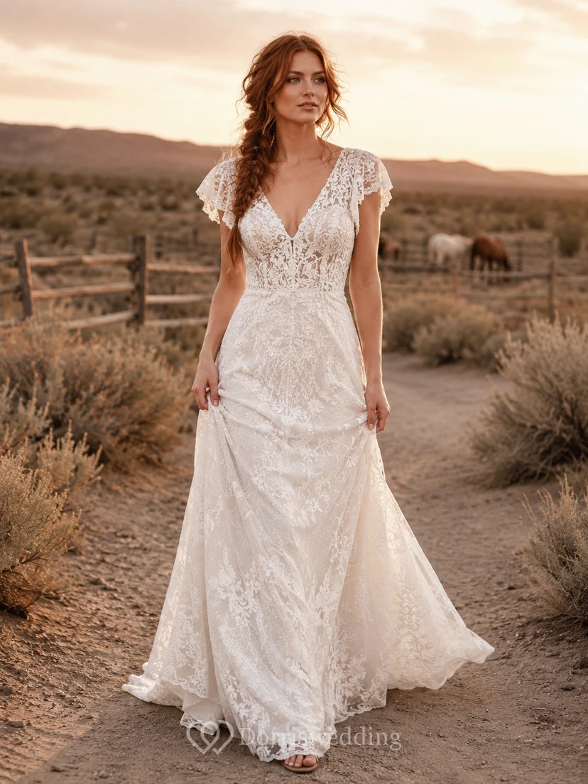 Western Rustic Cap Sleeve Lace Sheath Wedding Dress