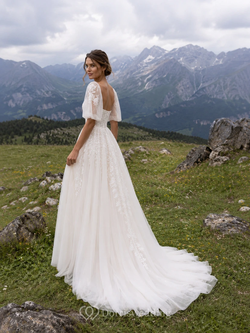 Boho Wedding Dress with Square Neckline, Puff Sleeves, Floral Lace Bodice & A-Line Tulle Train view 2