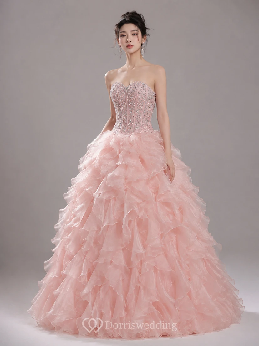 Ball Gown Floor-Length Bell Beading Ruffles Corset Back Lace Organza Dress view 6